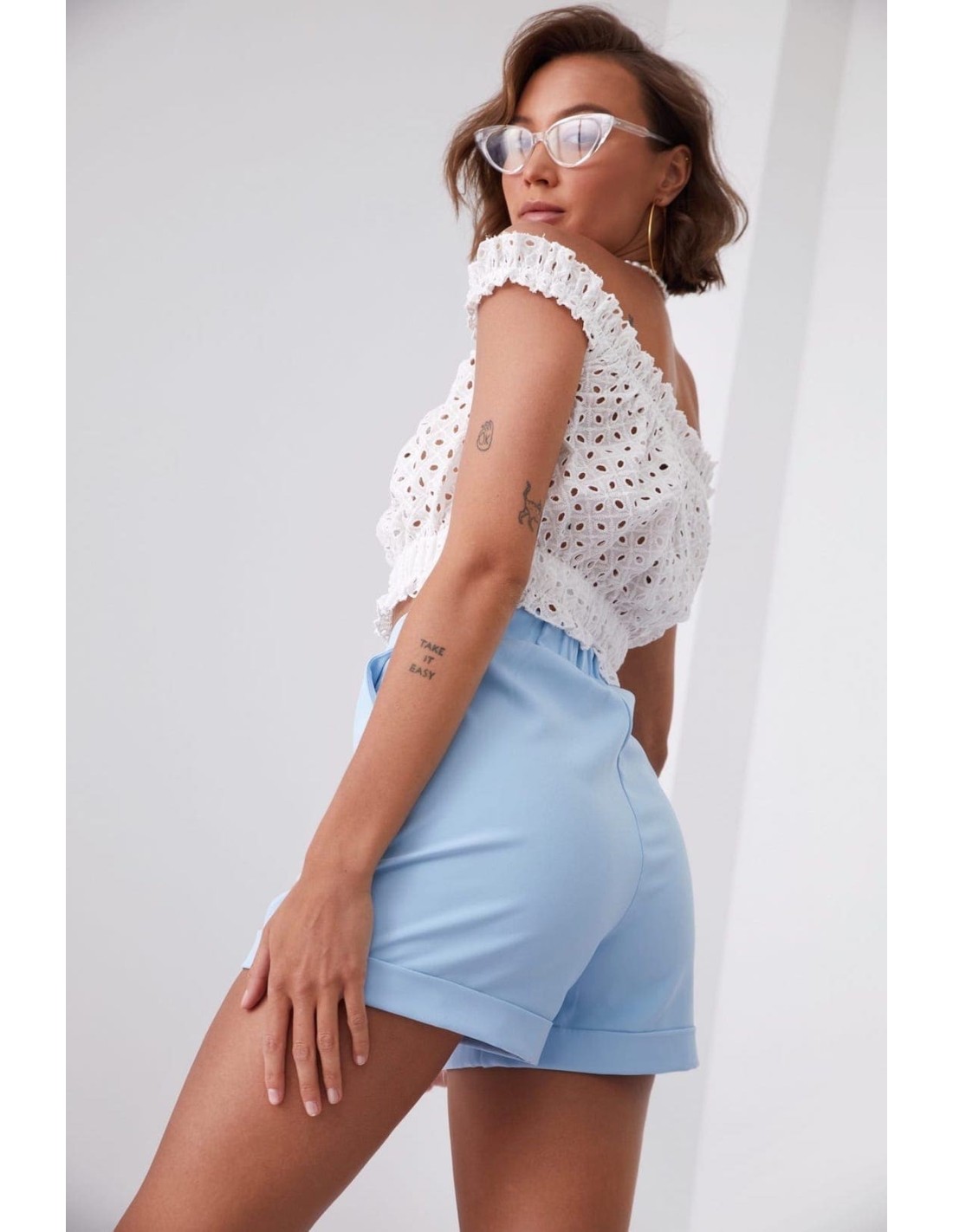 Short openwork blouse with embroidery, cream 20940 - Online store - Boutique